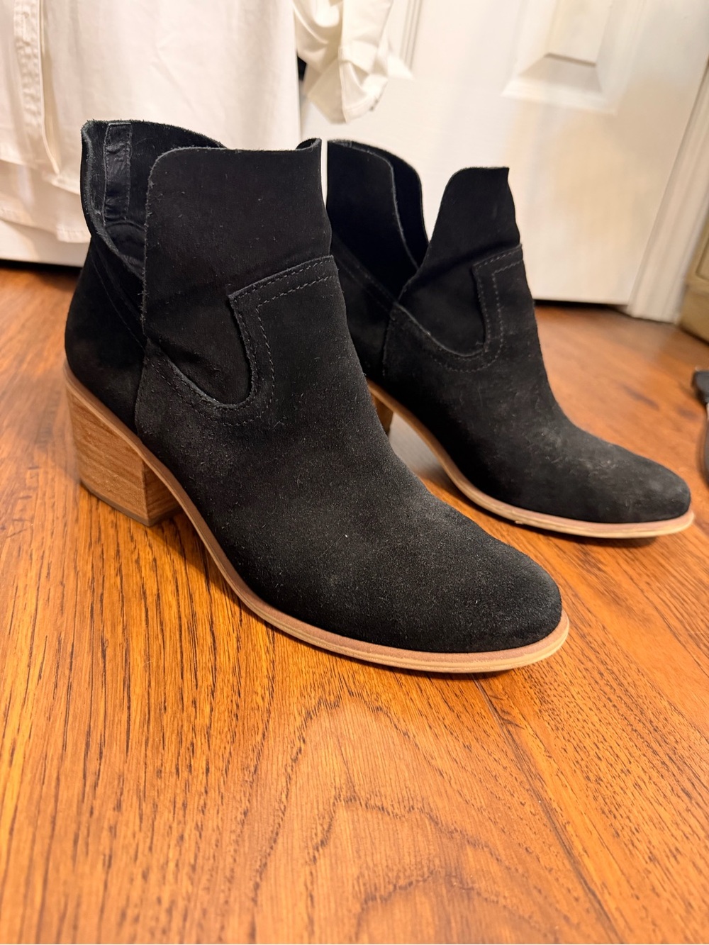 bp Black Suede Ankle Booties with Wood-Tone Block Heel